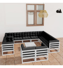 Salon de jardin 13 pcs avec coussins Blanc Bois de pin massif