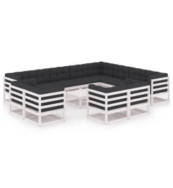 Salon de jardin 13 pcs avec coussins Blanc Bois de pin massif