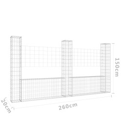 Panier de gabion en forme de U avec 3 poteaux Fer 260x20x150 cm