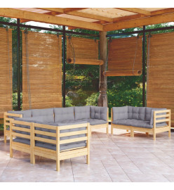 Salon de jardin 8 pcs avec coussins gris Bois de pin massif