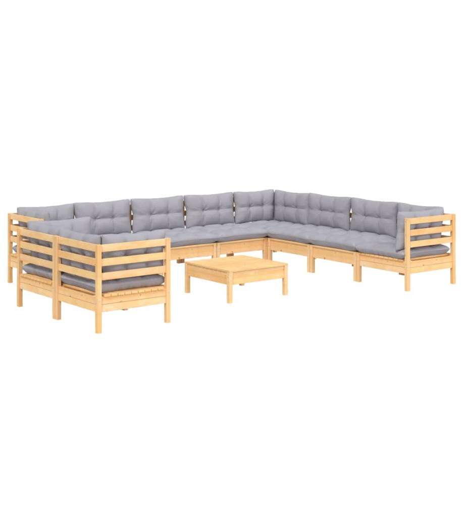 Salon de jardin 11 pcs avec coussins gris Bois de pin solide Salon de jardin 11 pcs avec coussins gris Bois de pin solide