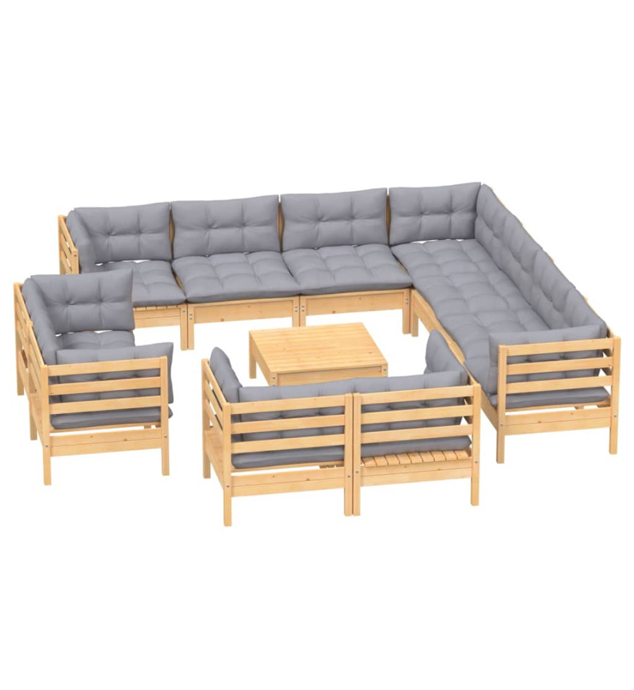 Salon de jardin 12 pcs avec coussins gris Bois de pin solide Salon de jardin 12 pcs avec coussins gris Bois de pin solide