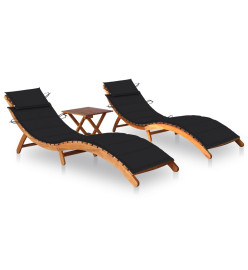 Chaises longues 2 pcs avec table et coussins Acacia solide