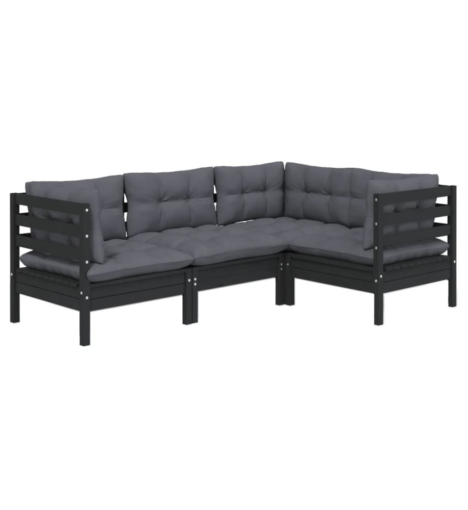 Salon de jardin 4 pcs avec coussins Noir Bois de pin Salon de jardin 4 pcs avec coussins Noir Bois de pin