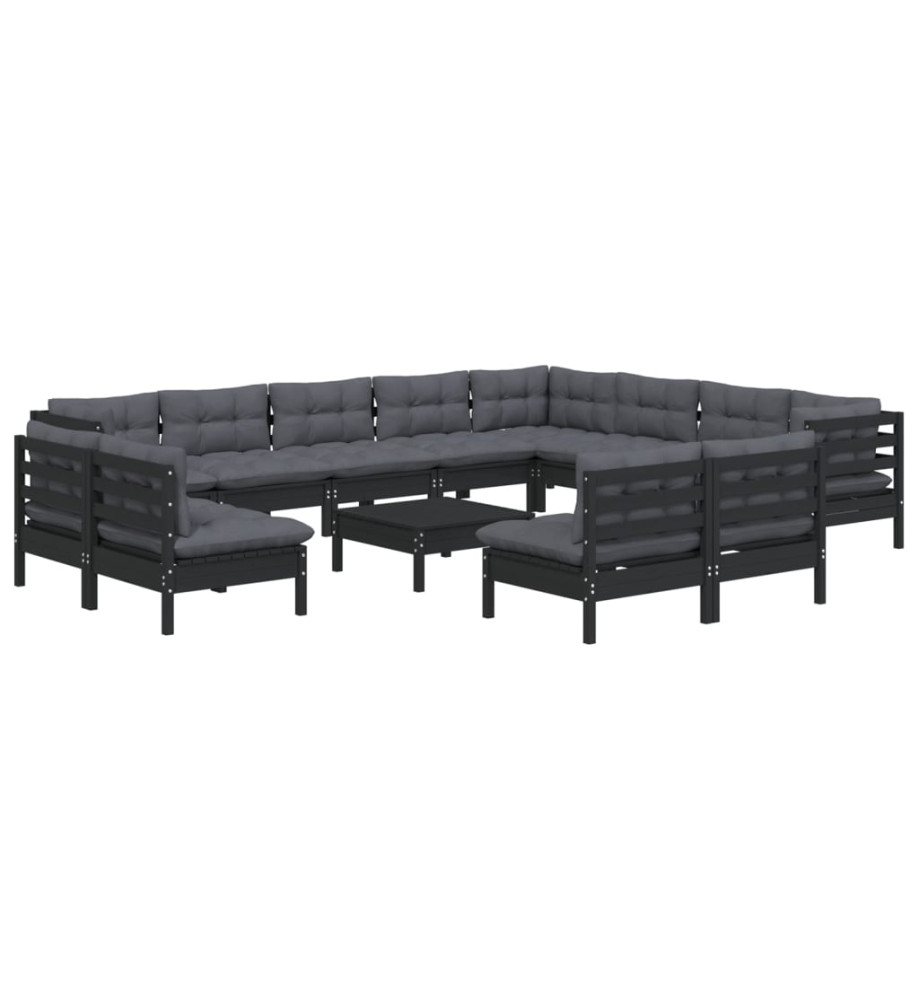 Salon de jardin 13 pcs avec coussins Noir Bois de pin solide Salon de jardin 13 pcs avec coussins Noir Bois de pin solide