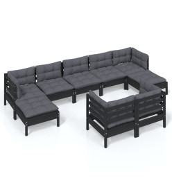 Salon de jardin 9 pcs avec coussins Noir Bois de pin solide