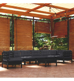 Salon de jardin 9 pcs avec coussins Noir Bois de pin solide
