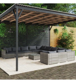 Salon de jardin 12 pcs avec coussins Résine tressée Gris