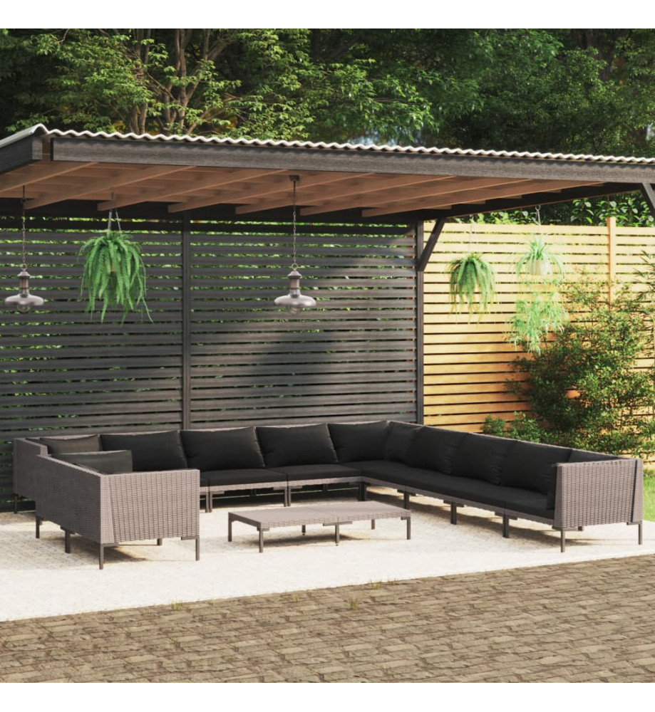 Salon de jardin 12 pcs avec coussins Résine tressée Gris foncé Salon de jardin 12 pcs avec coussins Résine tressée Gris foncé