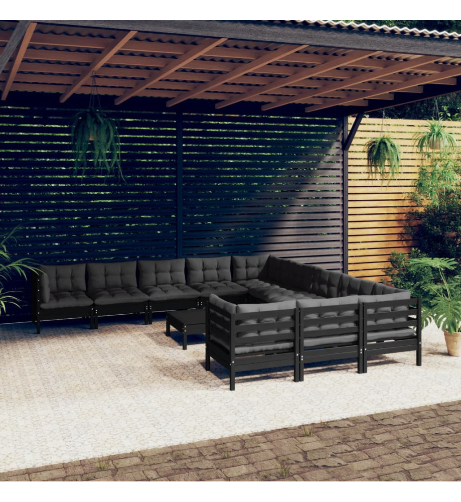 Salon de jardin 12 pcs avec coussins Noir Bois de pin Salon de jardin 12 pcs avec coussins Noir Bois de pin