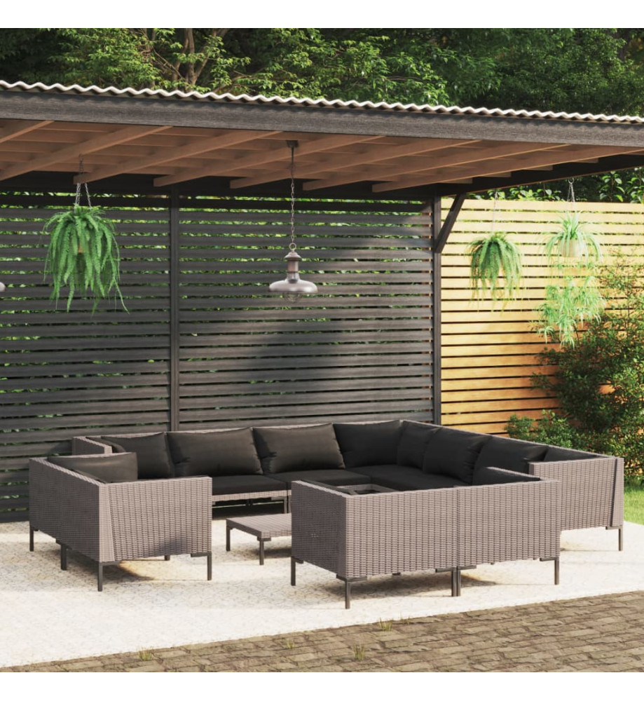 Salon de jardin 12 pcs avec coussins Résine tressée Gris foncé Salon de jardin 12 pcs avec coussins Résine tressée Gris foncé