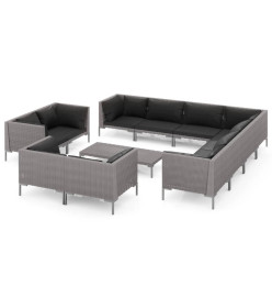 Salon de jardin 12 pcs avec coussins Résine tressée Gris foncé