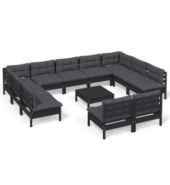 Salon de jardin 12 pcs avec coussins Noir Bois de pin massif