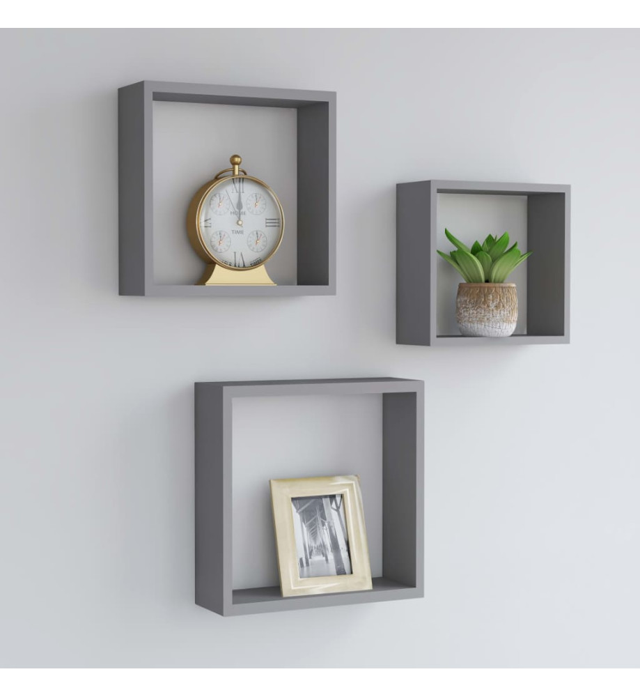 Étagères murales sous forme de cube 3 pcs Gris MDF