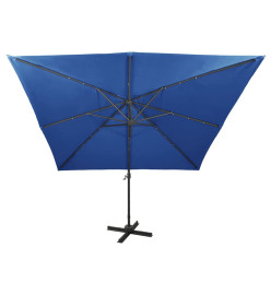 Parasol déporté avec mât et lumières LED Bleu azur 300 cm