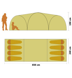 Tente igloo de camping 650x240x190 cm 8 personnes Jaune