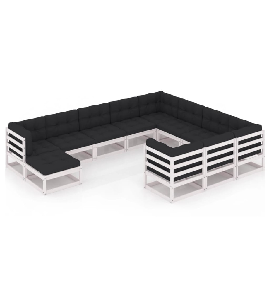 Salon de jardin 11 pcs avec coussins Blanc Bois de pin massif