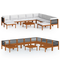 Salon de jardin 11 pcs avec coussins Crème Bois d'acacia solide