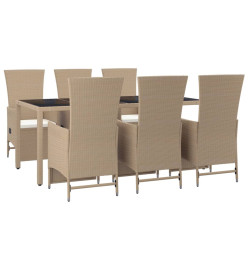 Ensemble à dîner de jardin avec coussins 7 pcs beige poly rotin