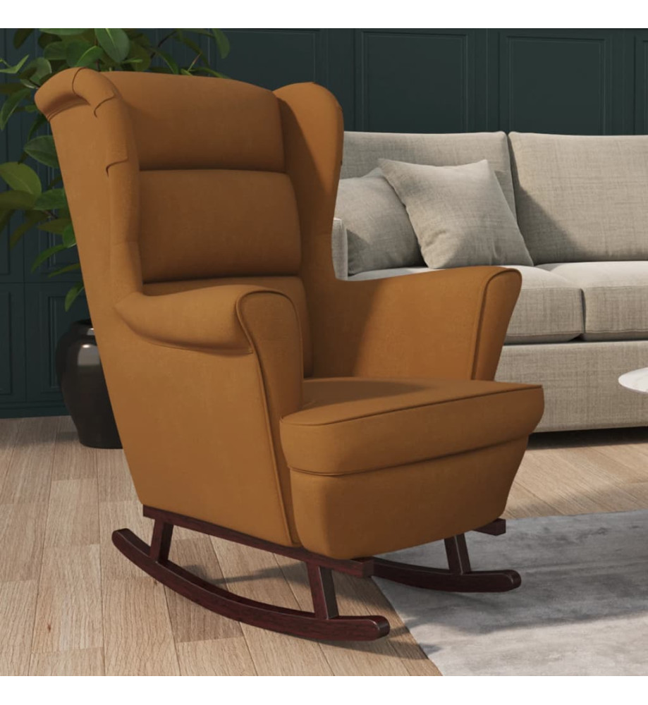 Fauteuil à bascule pieds en bois massif d'hévéa Marron Velours