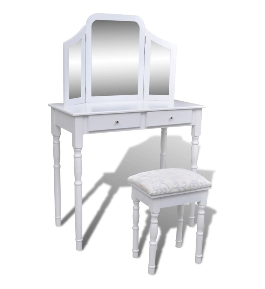 Coiffeuse avec miroir et tabouret 2 tiroirs Blanc