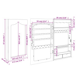 Armoire à bijoux avec miroir murale blanc 37,5x10x67 cm