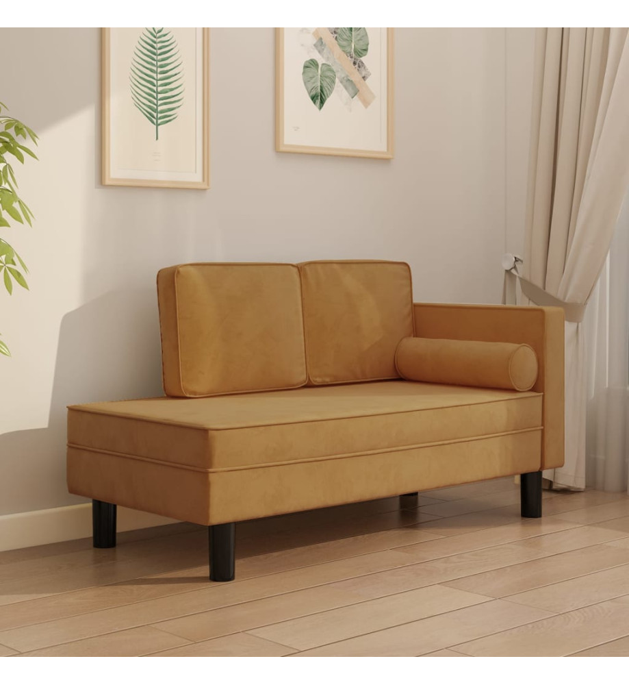 Chaise longue avec coussins et traversin marron velours