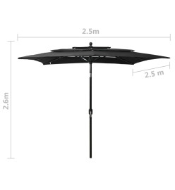 Parasol à 3 niveaux avec mât en aluminium Noir 2,5x2,5 m