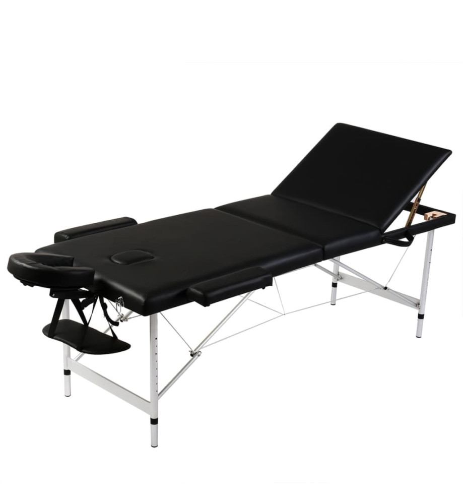 Table pliable de massage Noir 3 zones avec cadre en aluminium