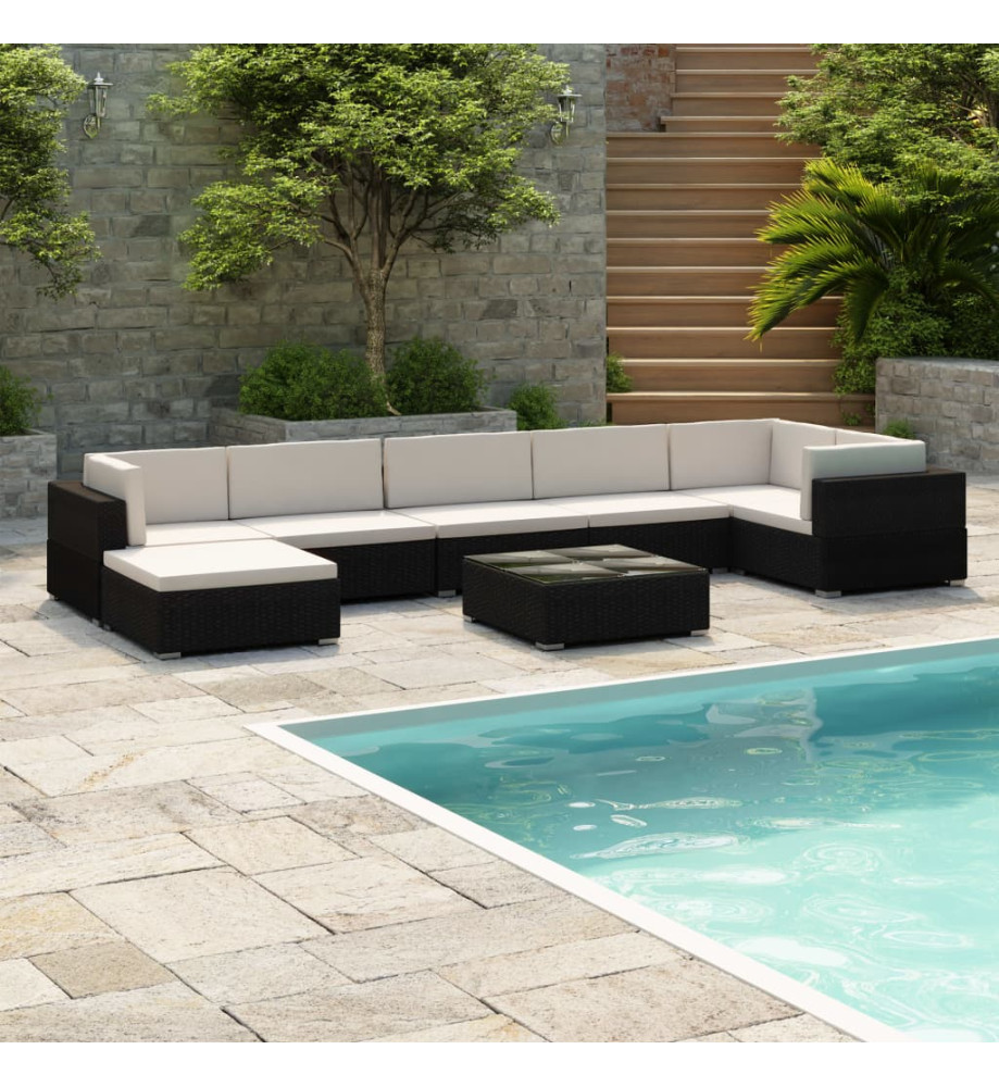 Salon de jardin avec coussins 8 pcs résine tressée noir Salon de jardin avec coussins 8 pcs résine tressée noir