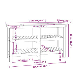 Banc de travail Blanc 142,5x50x80 cm Bois de pin massif