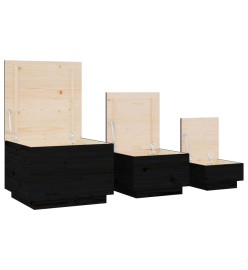 Boîtes de rangement et couvercles 3 pcs Noir Bois massif de pin