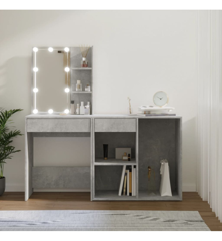 Coiffeuse à LED avec armoire Gris béton Bois d'ingénierie