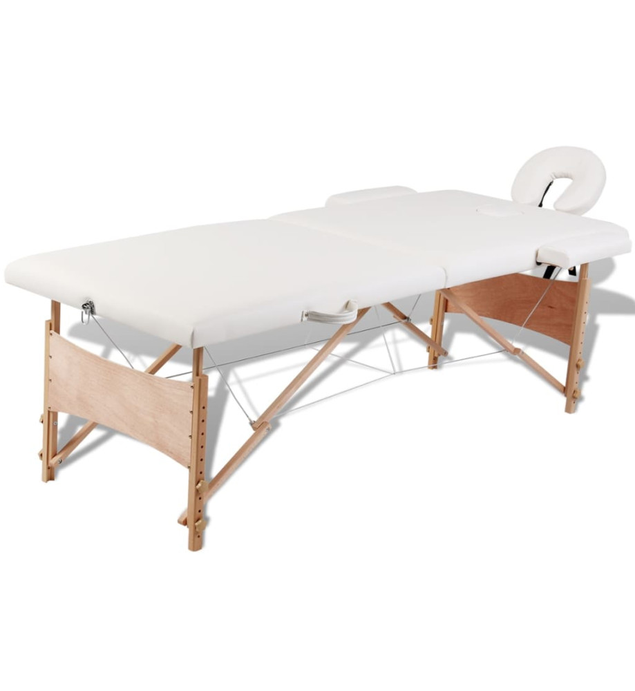 Table de massage pliable Blanc crème 2 zones avec cadre en bois