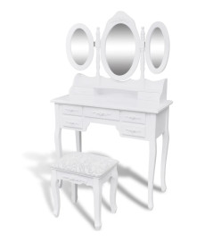 Coiffeuse avec tabouret et 3 miroirs Blanc