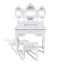 Coiffeuse avec tabouret et 3 miroirs Blanc