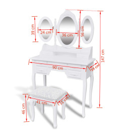 Coiffeuse avec tabouret et 3 miroirs Blanc