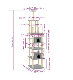 Arbre à chat avec griffoirs en sisal Gris clair 216 cm