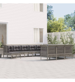 Salon de jardin 12 pcs avec coussins Gris Résine tressée