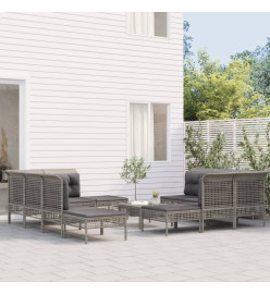 Salon de jardin 11 pcs avec coussins Gris Résine tressée