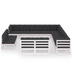 Salon de jardin 13 pcs avec coussins Blanc Bois de pin massif