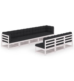 Salon de jardin 8 pcs avec coussins Blanc Bois de pin massif
