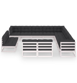Salon de jardin 14 pcs avec coussins Blanc Bois de pin massif