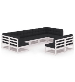 Salon de jardin 9 pcs avec coussins Blanc Bois de pin massif