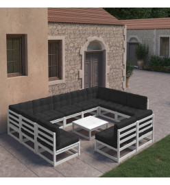 Salon de jardin 10 pcs avec coussins Blanc Bois de pin massif
