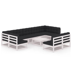 Salon de jardin 10 pcs avec coussins Blanc Bois de pin massif