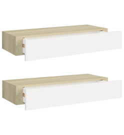 Étagères à tiroir murales 2 pcs Chêne et blanc 60x23,5x10cm MDF