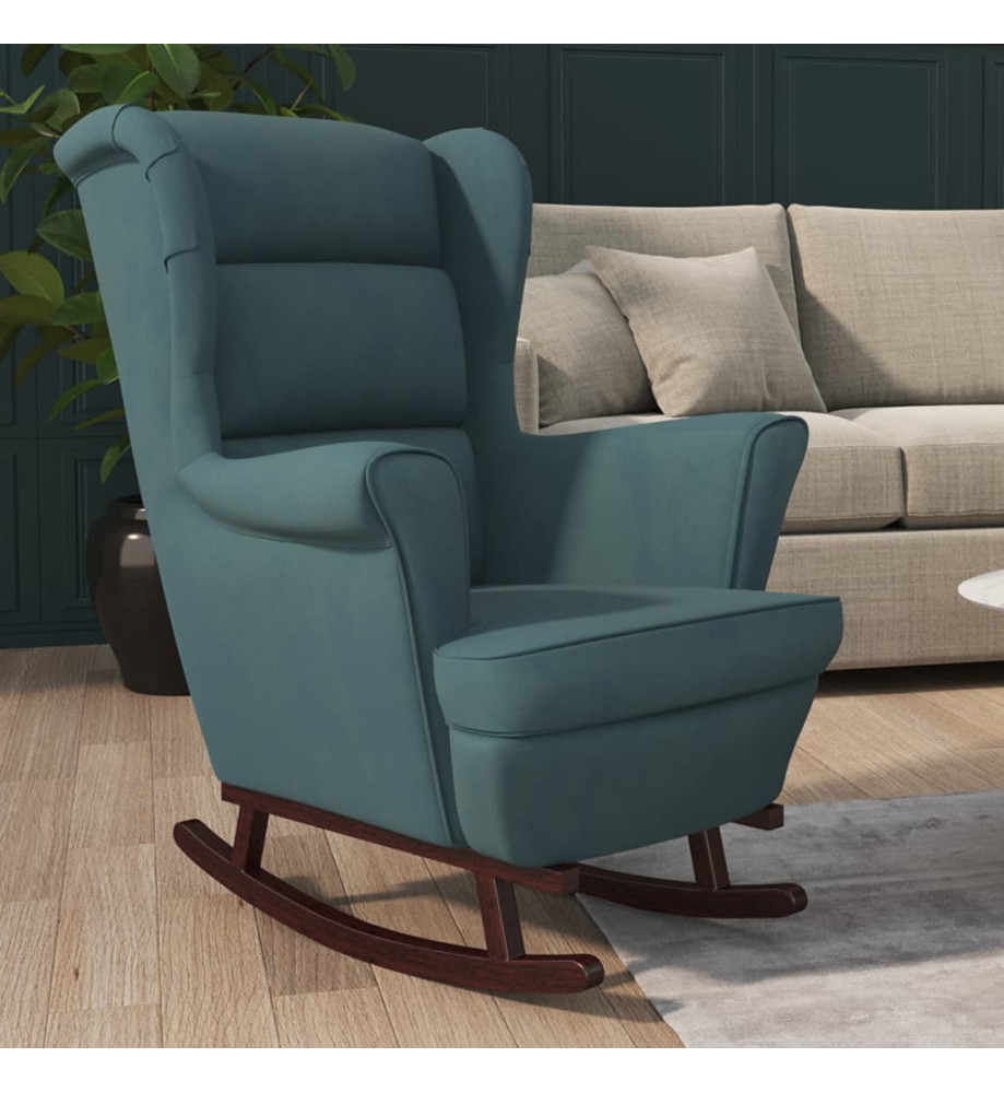 Fauteuil à bascule et pieds en bois massif d'hévéa Bleu Velours