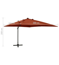 Parasol déporté avec mât et lumières LED Terre cuite 300 cm