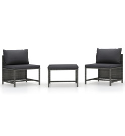 Salon de jardin 3 pcs avec coussins Gris Résine tressée